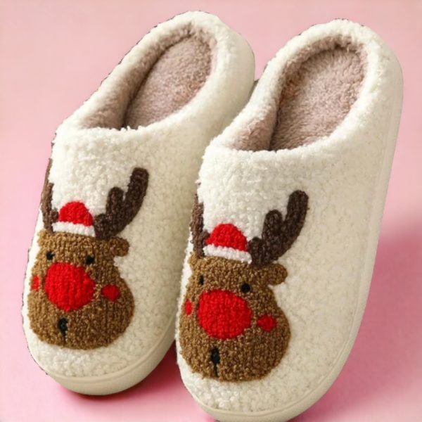 Cozy Holiday Slippers, Reindeer Slippers, Fluffy Indoor Slippers (1)