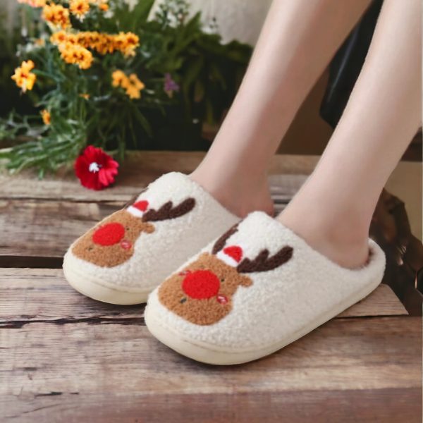 Cozy Holiday Slippers, Reindeer Slippers, Fluffy Indoor Slippers (2)