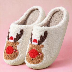 Cozy Holiday Slippers, Reindeer Slippers, Fluffy Indoor Slippers (4)