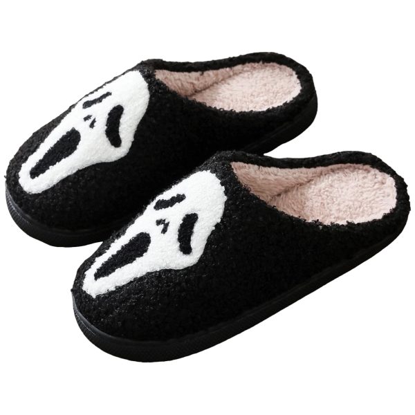 Cozy Warm Plush Slippers for Women and Men - Halloween Black Ghostface Design - 1-PhotoRoom