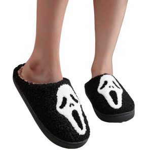 Cozy Warm Plush Slippers for Women and Men - Halloween Black Ghostface Design - 2-PhotoRoom