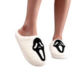 Cozy Warm Plush Slippers for Women and Men - Halloween Black Ghostface Design - 4-PhotoRoom