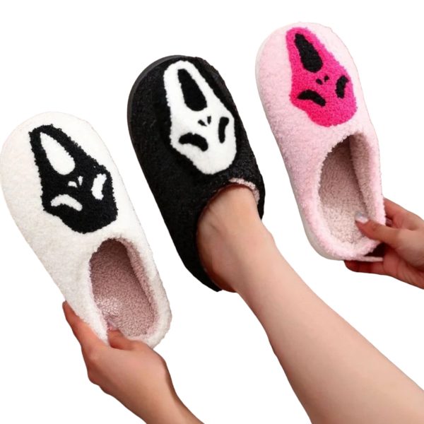 Cozy Warm Plush Slippers for Women and Men - Halloween Black Ghostface Design - 6-PhotoRoom