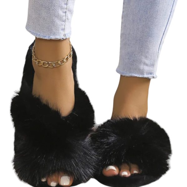 Women's Cross Straps Fluffy Fur Slippers - Cozy and Non-Slip Indoor Comfort - 2-PhotoRoom