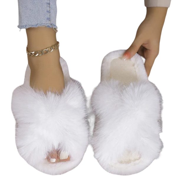 Women's Cross Straps Fluffy Fur Slippers - Cozy and Non-Slip Indoor Comfort - 3-PhotoRoom
