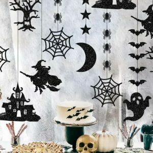 6pcs Halloween Hanging Banner Garland - Spooky Spider, Witch, Ghost, Bat Decor Festive Celebrations