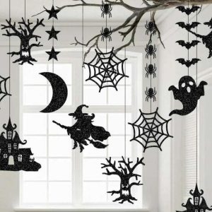 6pcs Halloween Hanging Banner Garland - Spooky Spider, Witch, Ghost, Bat Decor Festive Celebrations