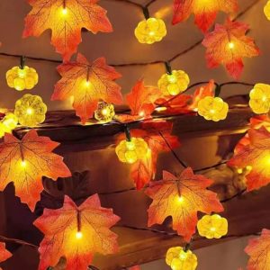 Autumn Maple Leaves & Pumpkin Garland with LED Lights - Perfect for Halloween, Thanksgiving Decor