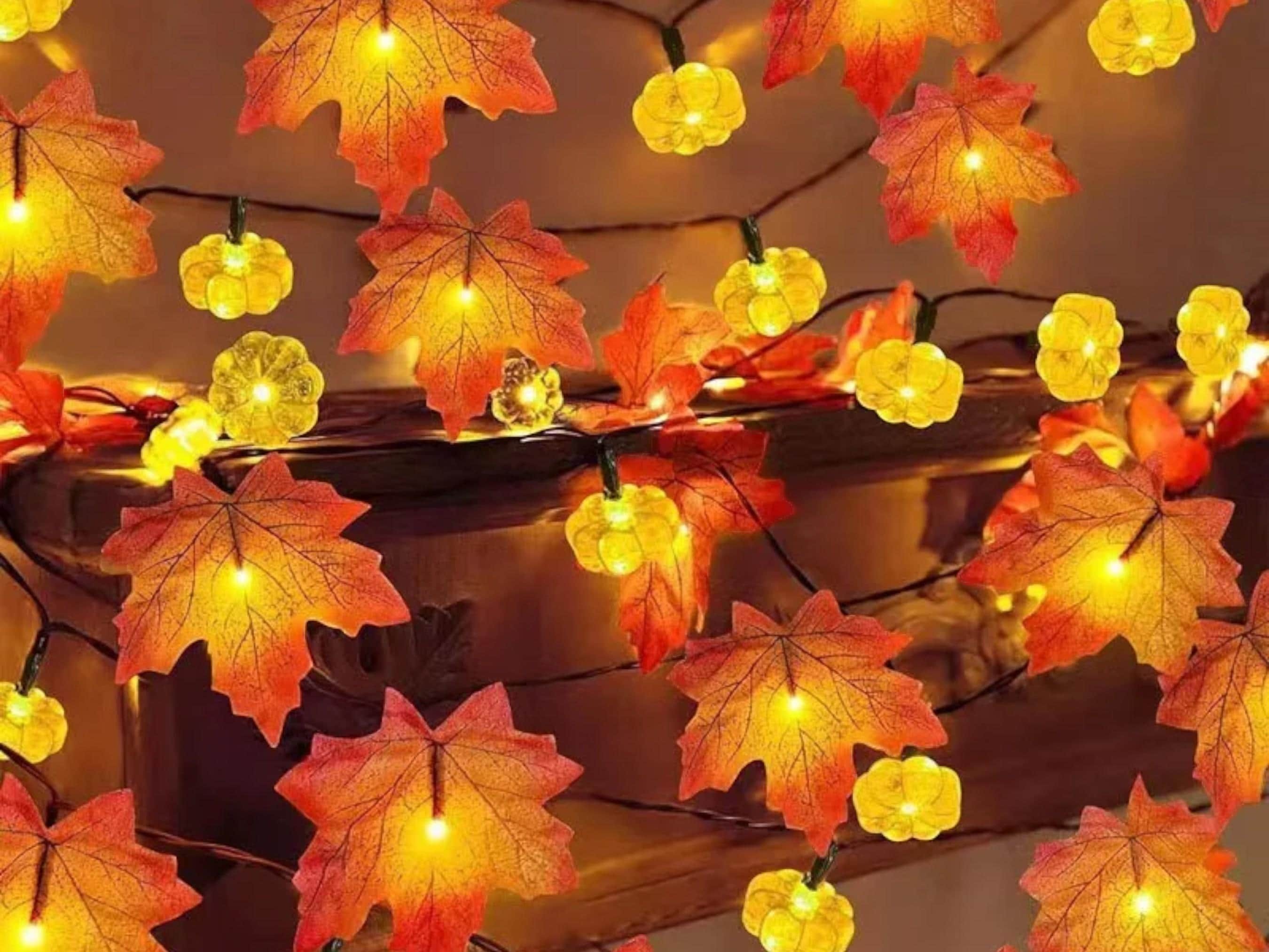 Autumn Maple Leaves & Pumpkin Garland with LED Lights - Perfect for Halloween, Thanksgiving Decor