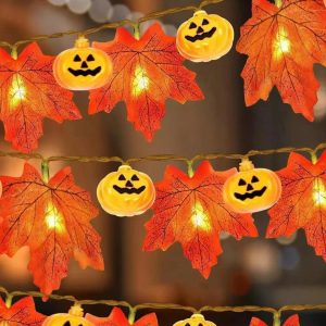 Autumn Maple Leaves & Pumpkin Garland with LED Lights - Perfect for Halloween, Thanksgiving Decor