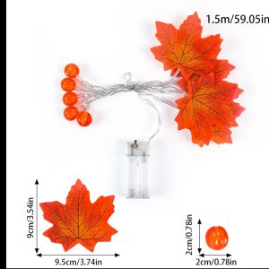 Autumn Maple Leaves & Pumpkin Garland with LED Lights - Perfect for Halloween, Thanksgiving Decor