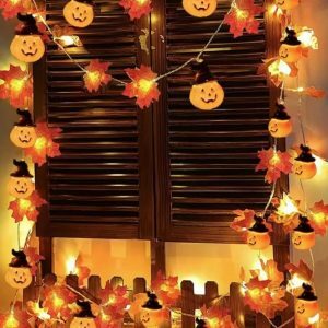 Autumn Maple Leaves & Pumpkin Garland with LED Lights - Perfect for Halloween, Thanksgiving Decor