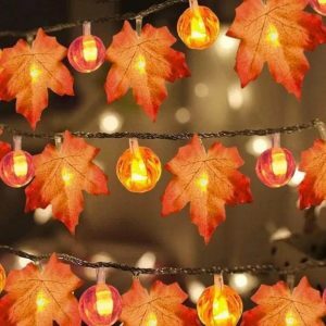 Autumn Maple Leaves & Pumpkin Garland with LED Lights - Perfect for Halloween, Thanksgiving Decor