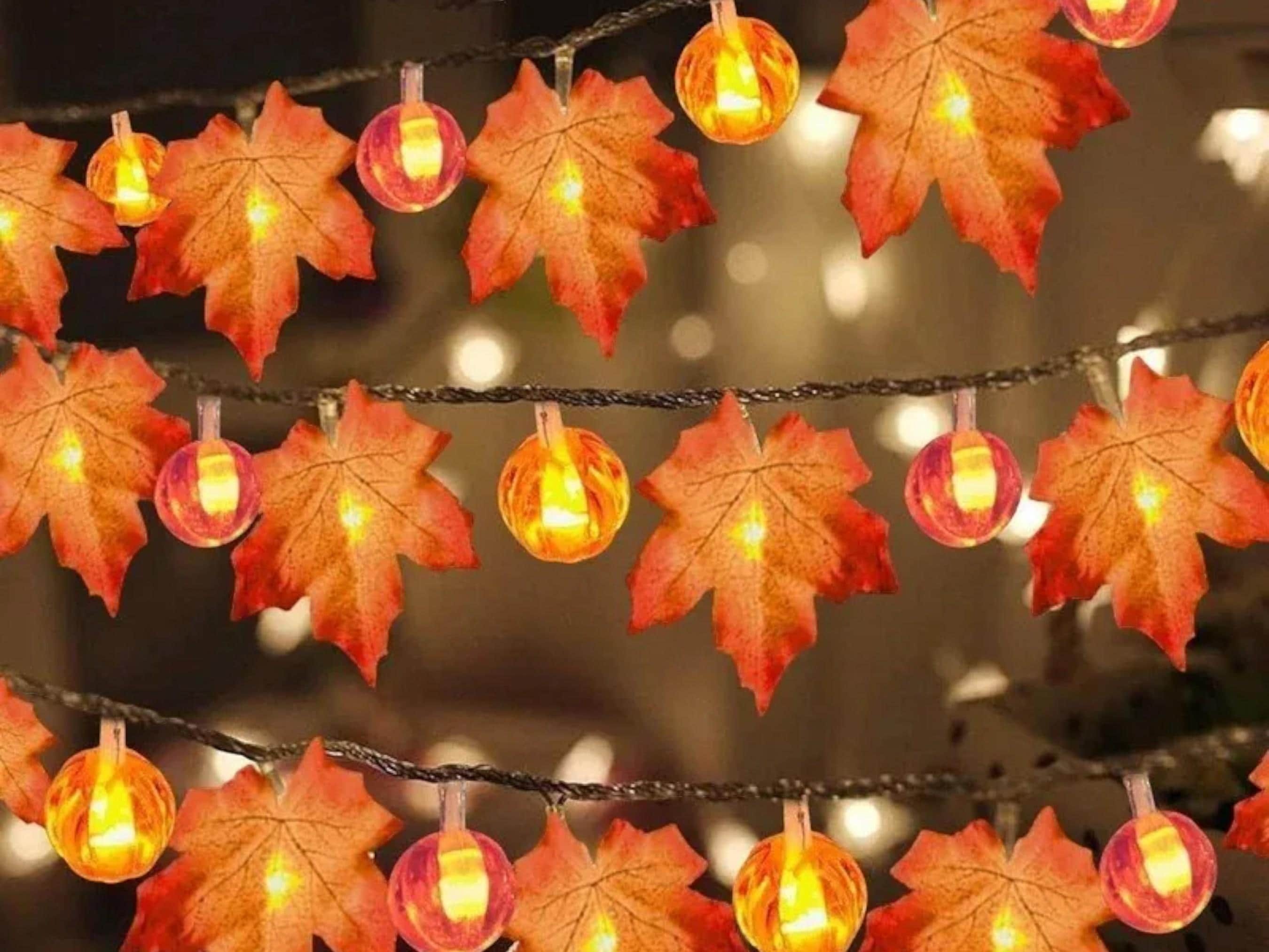 Autumn Maple Leaves & Pumpkin Garland with LED Lights - Perfect for Halloween, Thanksgiving Decor