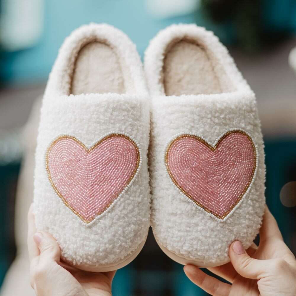 Beaded Pink & Gold Heart Women's Slippers - Perfect Gifts like Christmas & Valentine