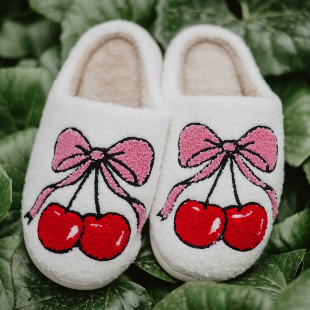 Cherry Bow Slippers - Cozy Footwear Perfect for Gifting on Holidays like Christmas and Valentine