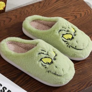 Christmas Green Monster Plush Slippers - Cozy Non-Slip Cotton Shoes for Women - Ideal Holiday Gift