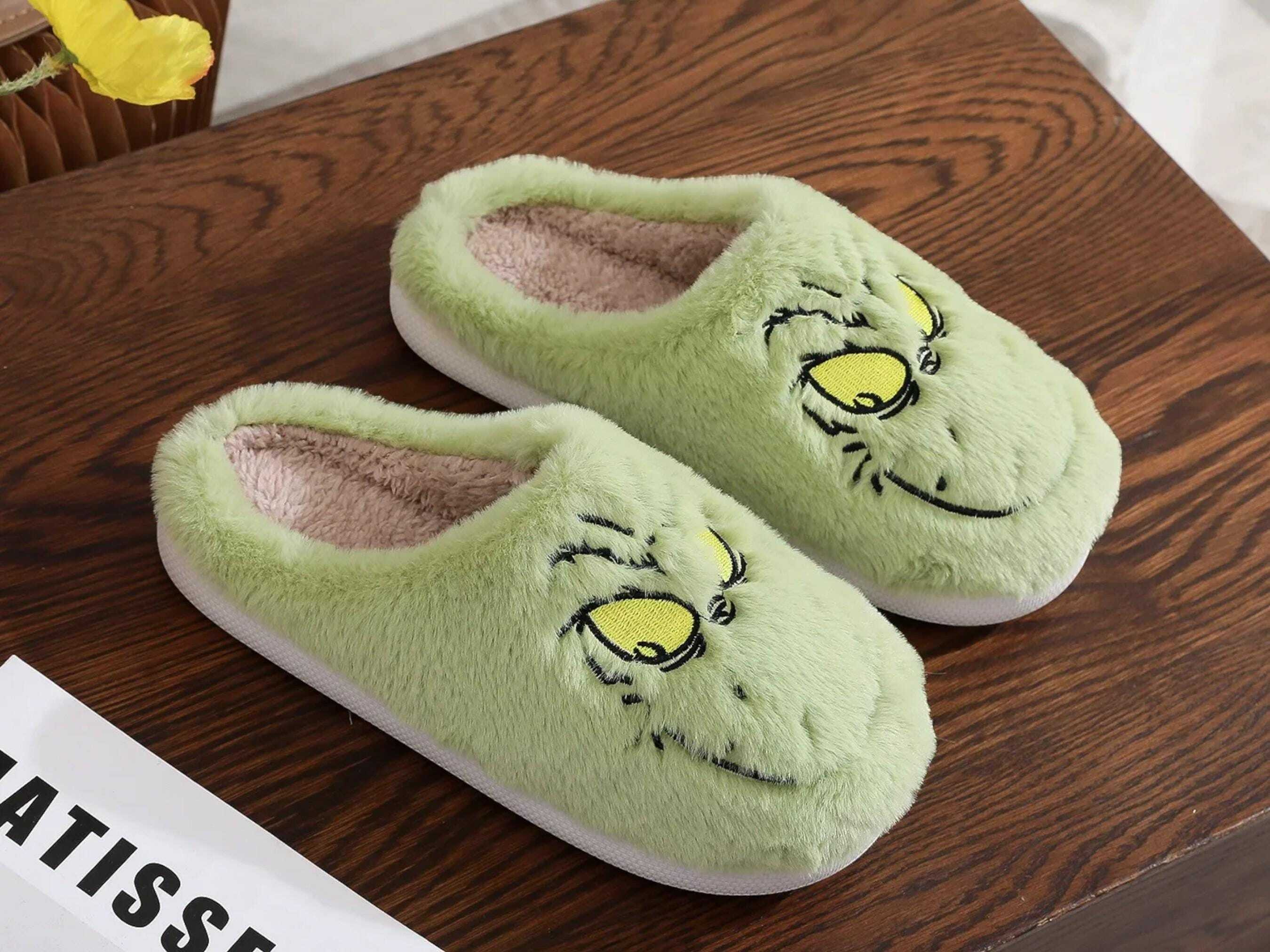 Christmas Green Monster Plush Slippers - Cozy Non-Slip Cotton Shoes for Women - Ideal Holiday Gift