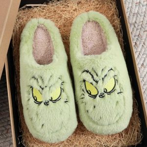 Christmas Green Monster Plush Slippers - Cozy Non-Slip Cotton Shoes for Women - Ideal Holiday Gift