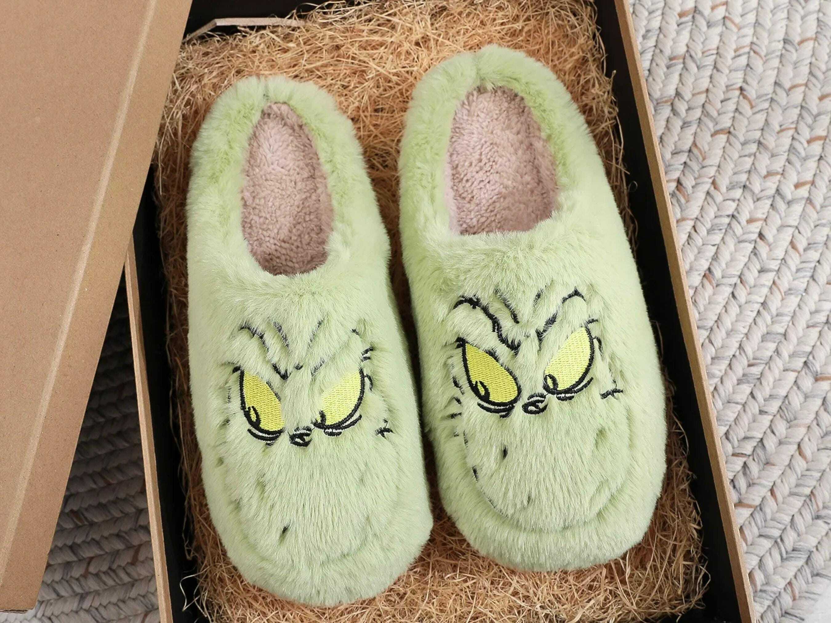 Christmas Green Monster Plush Slippers - Cozy Non-Slip Cotton Shoes for Women - Ideal Holiday Gift