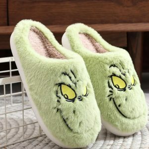 Christmas Green Monster Plush Slippers - Cozy Non-Slip Cotton Shoes for Women - Ideal Holiday Gift