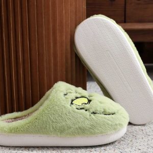 Christmas Green Monster Plush Slippers - Cozy Non-Slip Cotton Shoes for Women - Ideal Holiday Gift