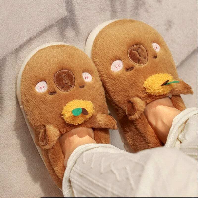 Cozy Capybara Fur Slippers with Rubber Sole - Cute and Stylish Gift for Holidays