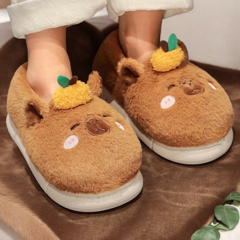 Cozy Capybara Fur Slippers with Rubber Sole - Cute and Stylish Gift for Holidays