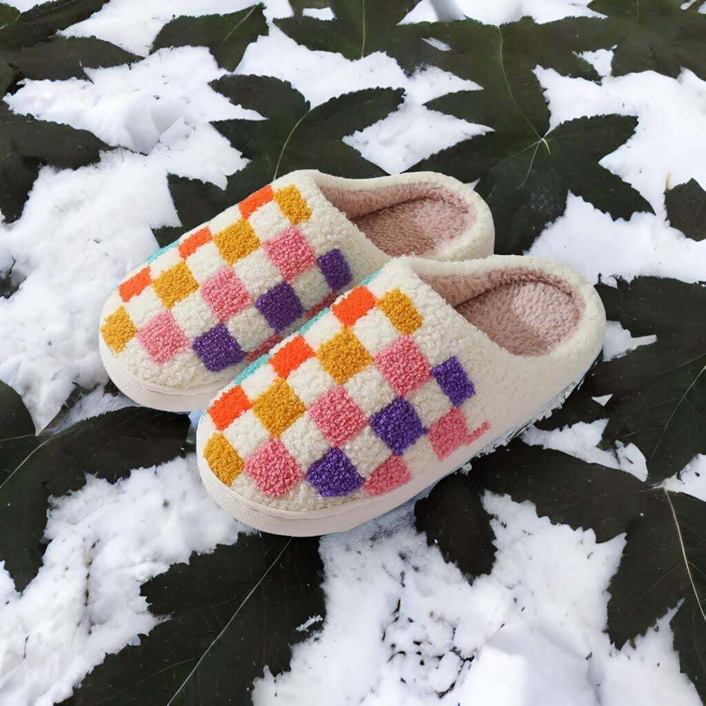 Cozy Colorful Checkerboard Slippers for Couples - Plush Warm Indoor Footwear, Perfect Holiday Gift