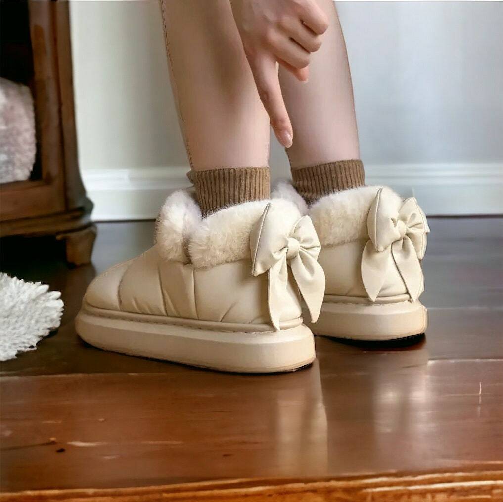 Cozy Cotton Bride Slippers with Bow - Cute Fuzzy House and Outdoor Slippers for Holiday Gifts