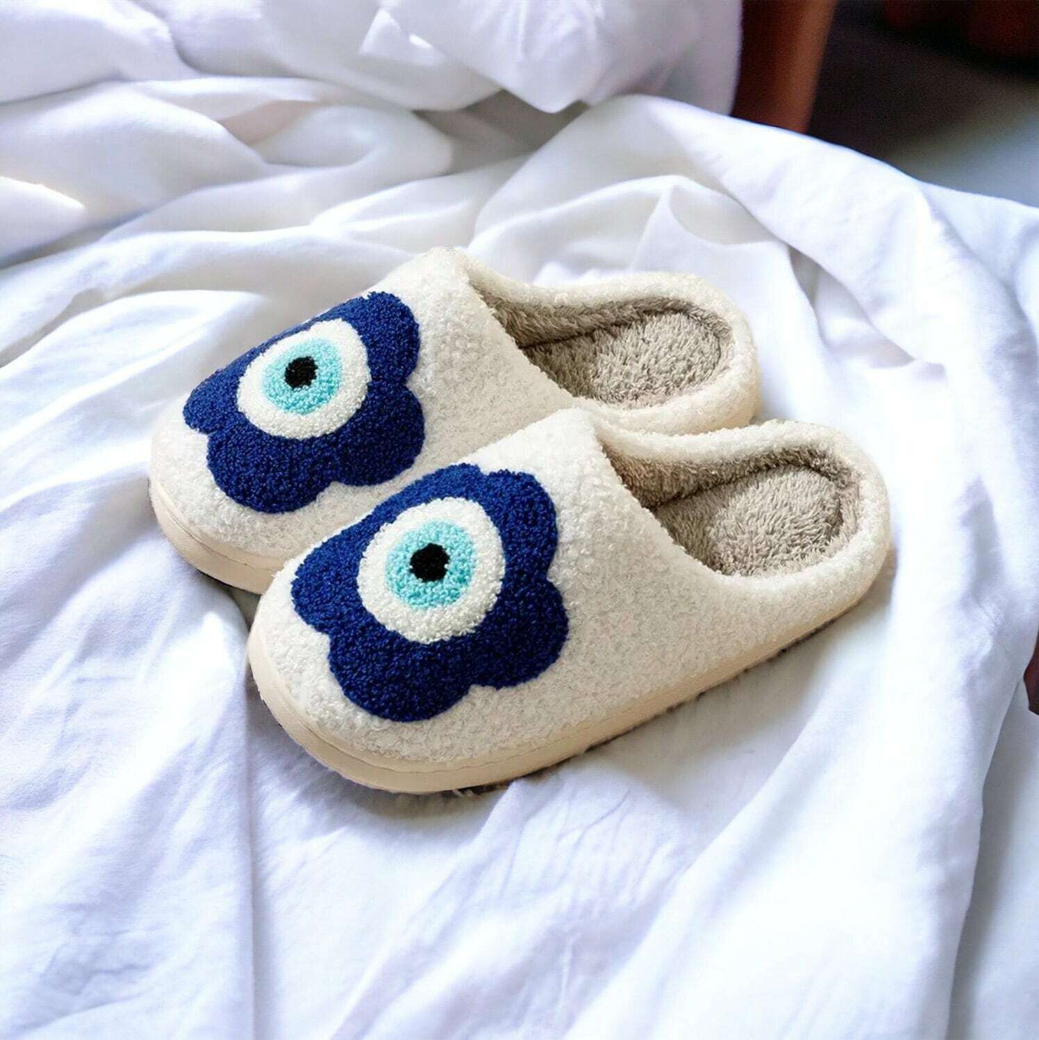 Cozy Flower and Evil Eye Fuzzy Slippers for Women - Perfect Holiday Gift for Loved Ones