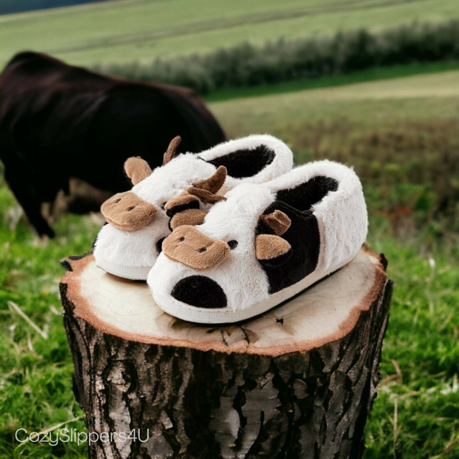 Cozy Fluffy Cow Slippers with Rubber Sole - Cute and Funny House Slides, Perfect Gifts