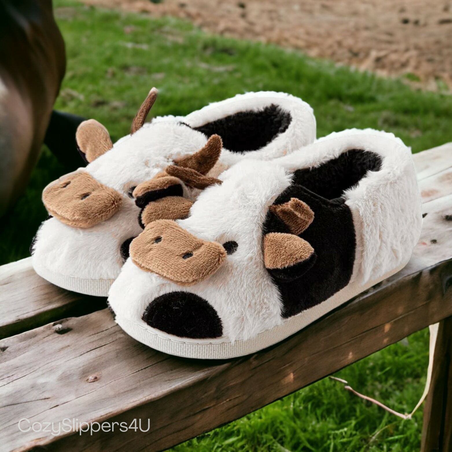 Cozy Fluffy Cow Slippers with Rubber Sole - Cute and Funny House Slides, Perfect Gifts