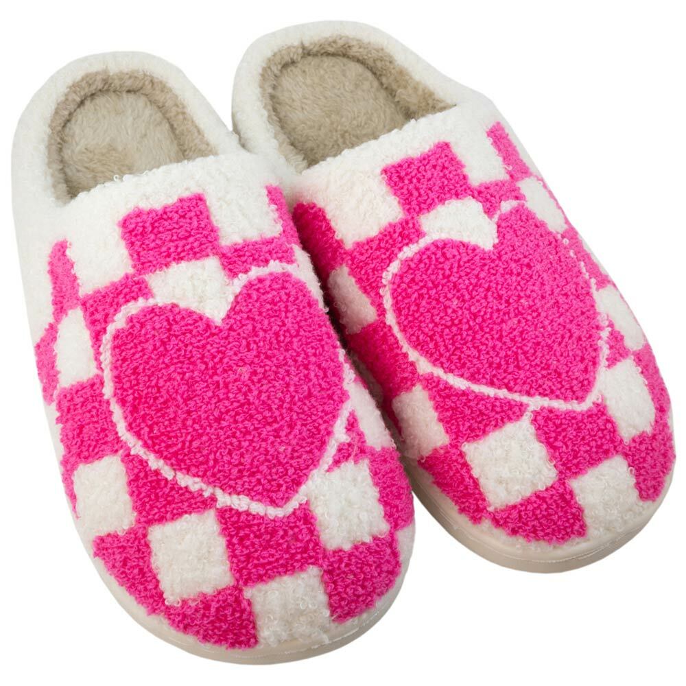 Cozy Hot Pink Heart Checker Fuzzy Slippers - Perfect Gifts and Special Occasions