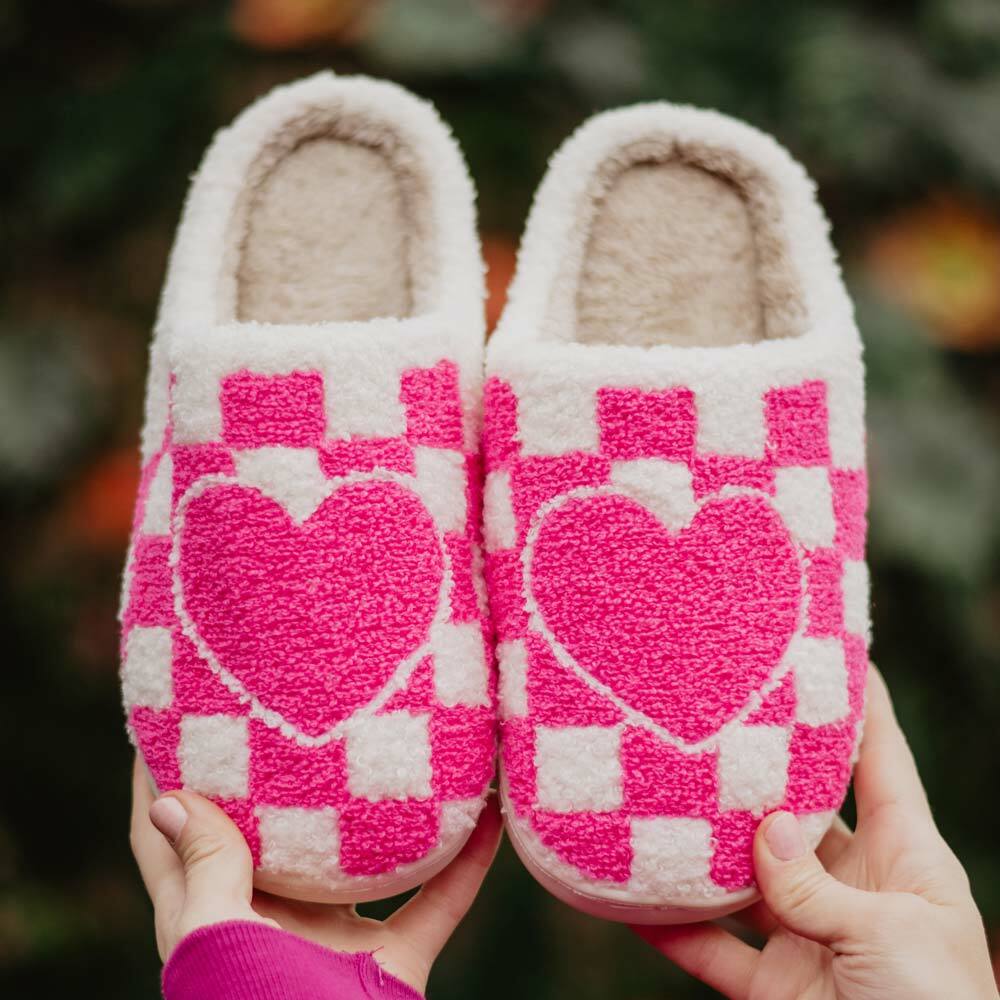 Cozy Hot Pink Heart Checker Fuzzy Slippers - Perfect Gifts and Special Occasions