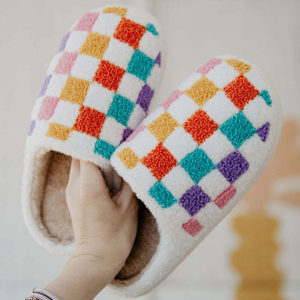 Cozy Multicolored Checkered Fuzzy Slippers - Perfect Gifts like Christmas and Valentine