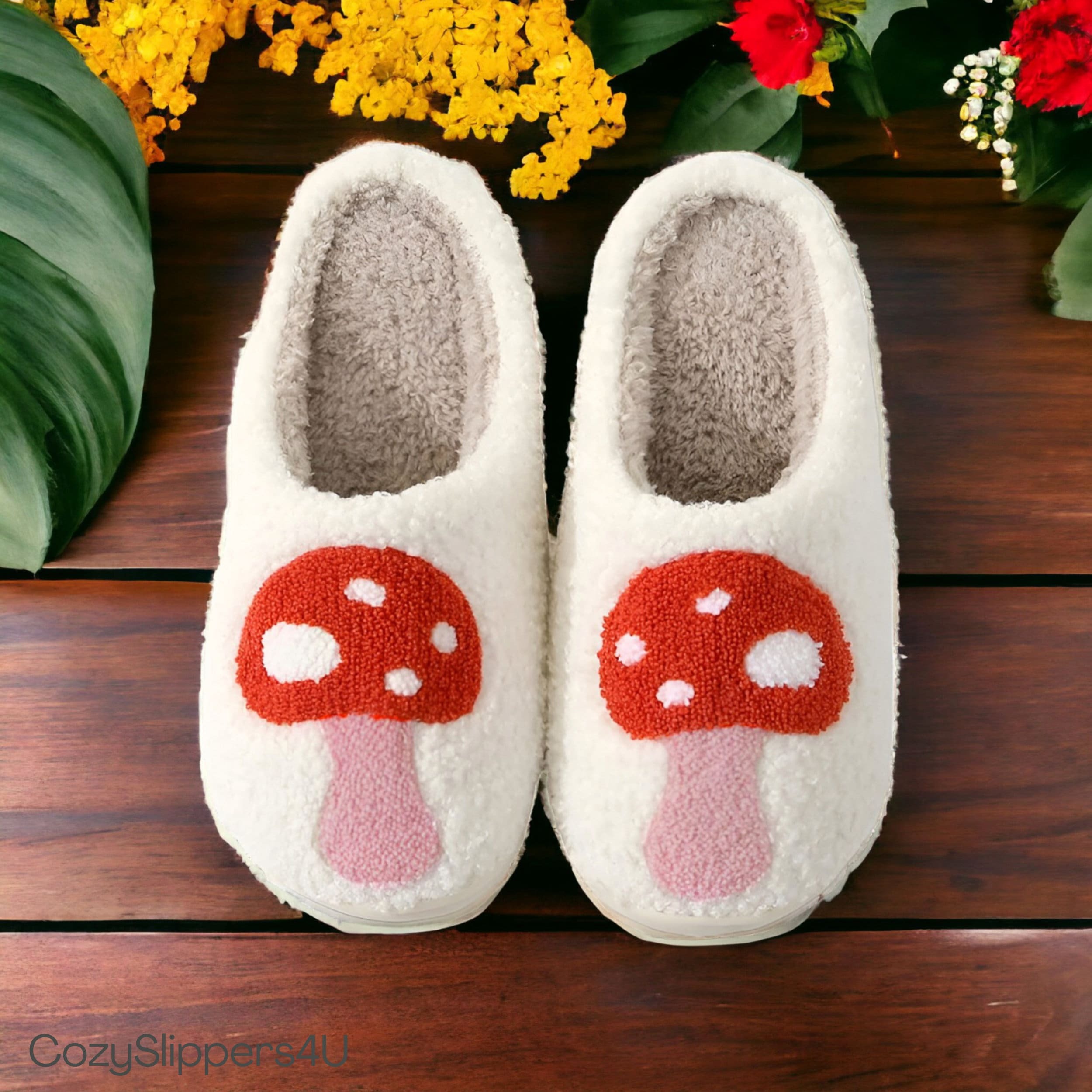 Cozy Mushroom Slippers for Women, Green & Red Slides with Rubber Sole - Perfect Holiday Gift