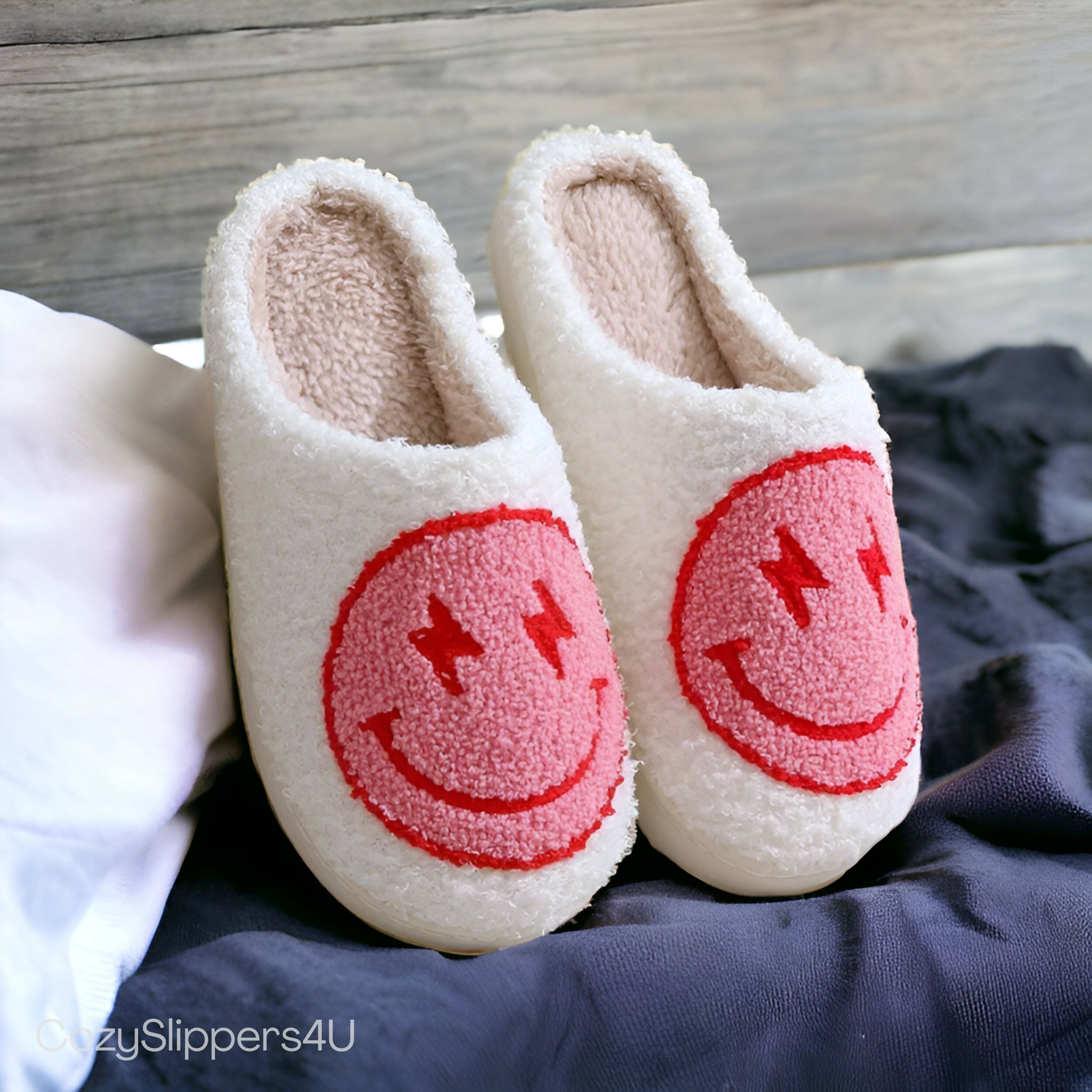 Cozy Smiley Slippers for Women - Cute and Funny Rubber Sole Slides, Perfect Holiday Gift