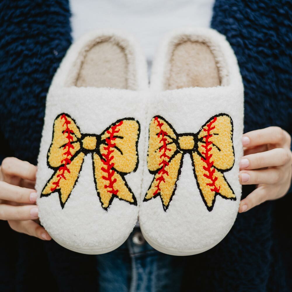 Cozy Softball Bow Slippers - Perfect Gift for Halloween, Christmas, Valentine