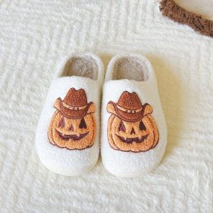 Cozy Spooky Howdy Pumpkin Slippers - Perfect Halloween Gift for Her, Ideal for Holidays