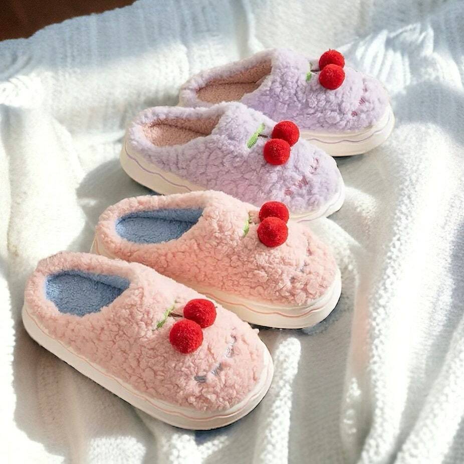 Cute Cherry Embroidered Fuzzy Slippers for Women - Cozy Home Footwear, Perfect Holiday Gift