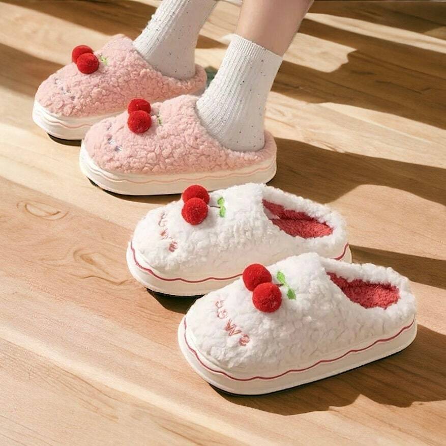 Cute Cherry Embroidered Fuzzy Slippers for Women - Cozy Home Footwear, Perfect Holiday Gift