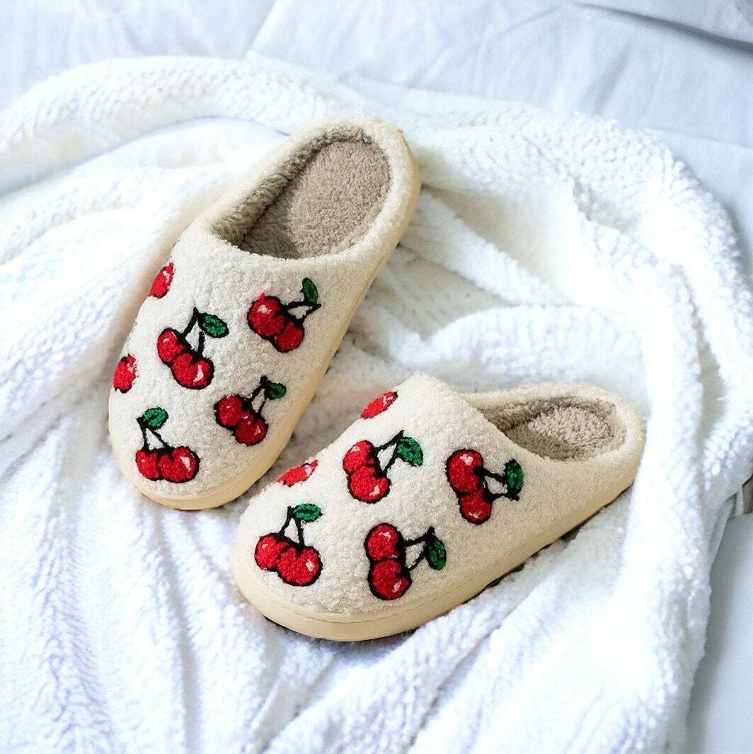 Cute Cherry Embroidered Fuzzy Slippers for Women - Perfect Holiday Gift for Loved Ones