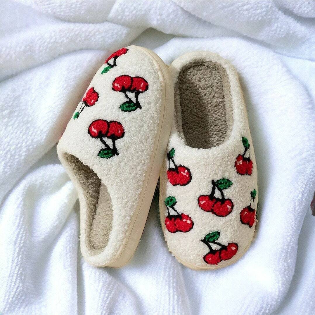 Cute Cherry Embroidered Fuzzy Slippers for Women - Perfect Holiday Gift for Loved Ones