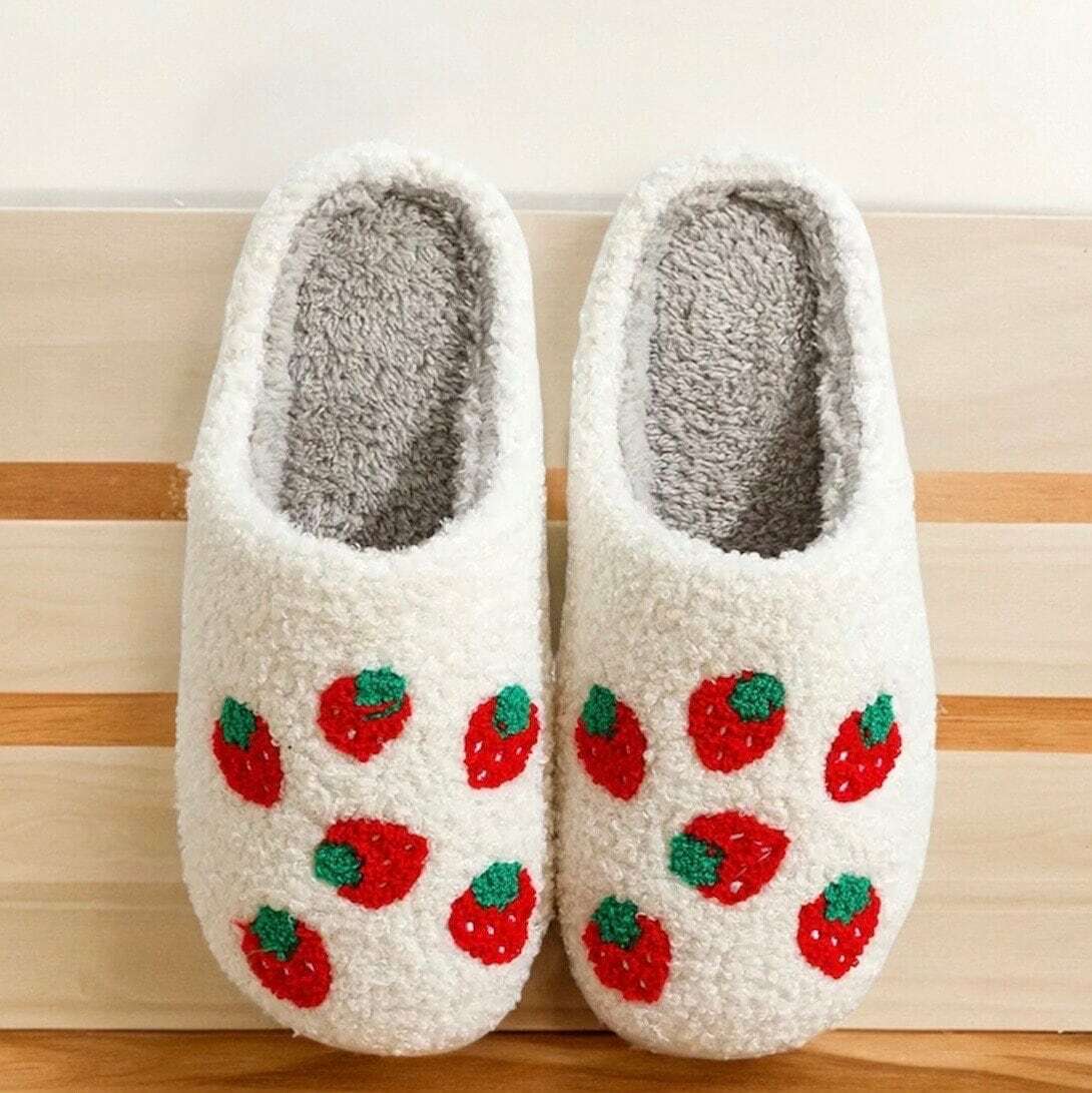 Cute Fruit Embroidered Fuzzy Slippers - Fluffy Cherry, Lemon & Strawberry Cozy Home Wear, Gifts