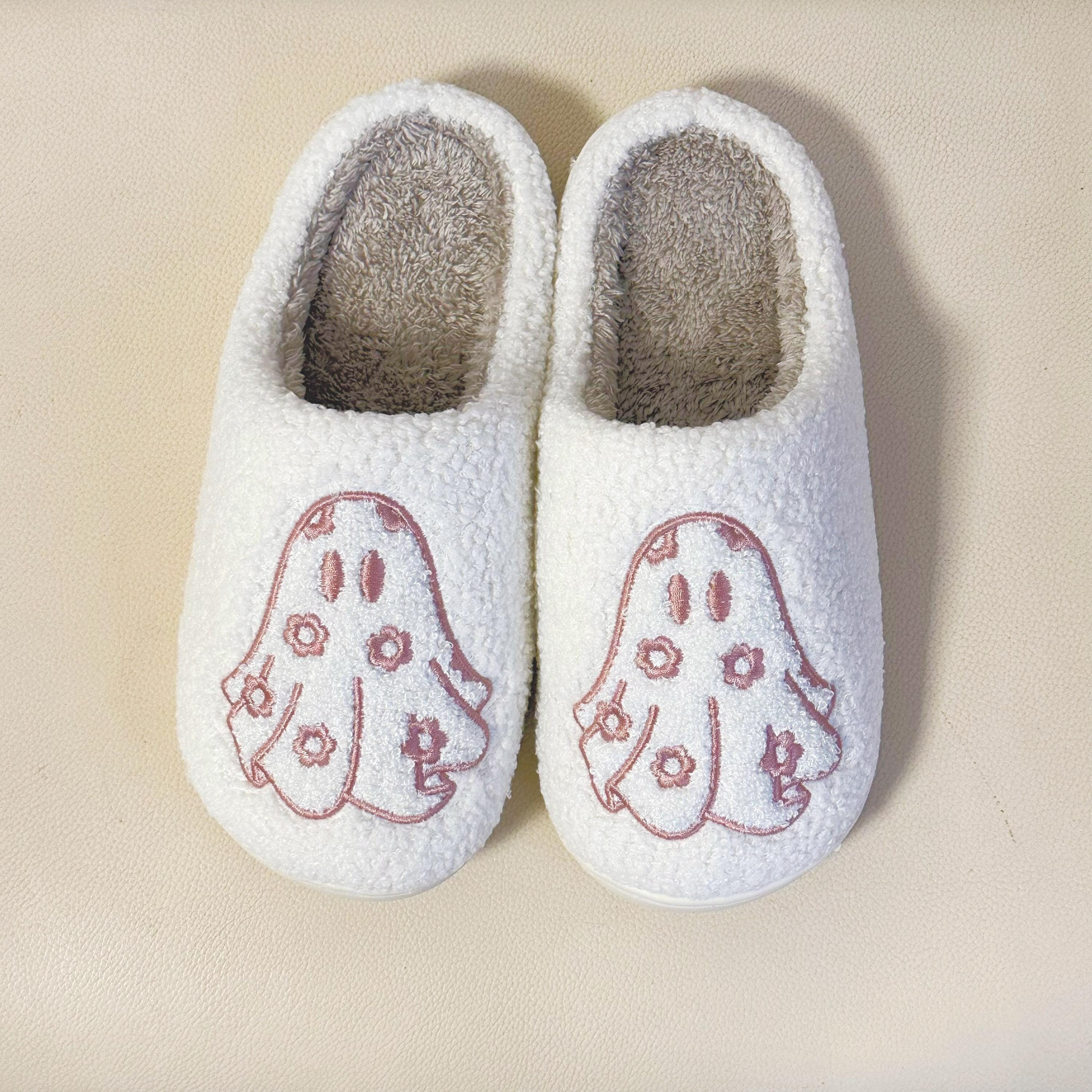 Embroidered Pink Ghost Slippers for Women - Floral Halloween & Autumn Fashion Gift Idea