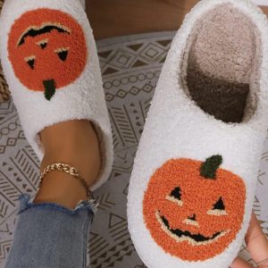 Fluffy Cartoon Pumpkin Slippers - Plush Platform Slides for Couples - Fun Halloween Gift 2024