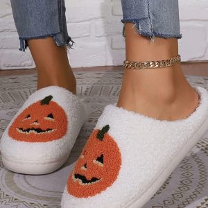 Fluffy Cartoon Pumpkin Slippers - Plush Platform Slides for Couples - Fun Halloween Gift 2024