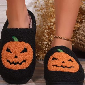 Fluffy Cartoon Pumpkin Slippers - Plush Platform Slides for Couples - Fun Halloween Gift 2024