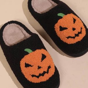 Fluffy Cartoon Pumpkin Slippers - Plush Platform Slides for Couples - Fun Halloween Gift 2024